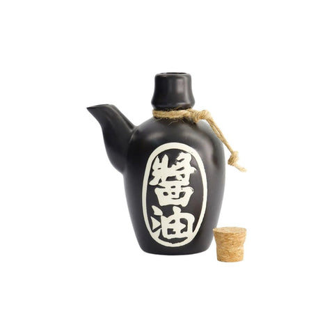 Autentisk sort soya kande med hvid skrift, 170 ml.