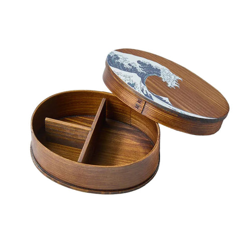 Lakeret bento box i cedertræ med Hokusai-motiv fra Japan
