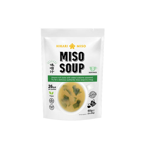 Instant vegansk miso suppe i original japansk emballage – autentisk japansk instant miso suppe fra Hikari Miso med frisk misopasta, wakame-tang og fyldig umami. 100 % vegansk, hurtig at tilberede og perfekt som et let måltid, til frokost eller som en autentisk japansk forret.
