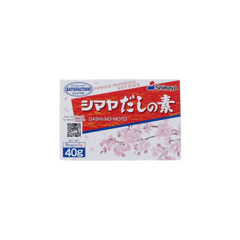Japansk dashi-pulver fra Shimaya 40 g i original japansk emballage – autentisk japansk dashi med fyldig umami, fremstillet med bonito og kombu, perfekt til misosuppe, ramen, udon, saucer og autentisk japansk madlavning