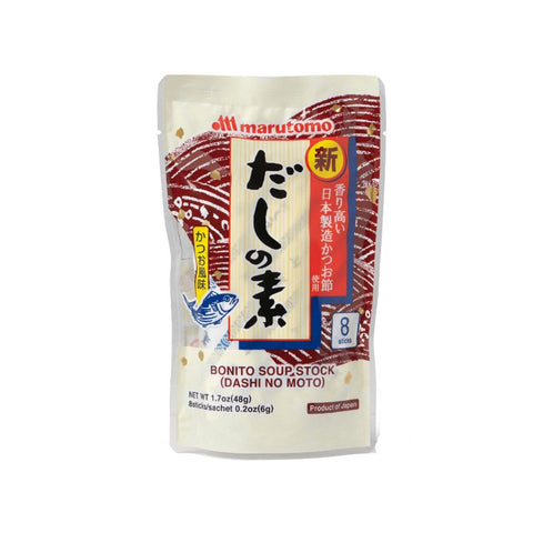 Marutomo Katsuo Dashi No Moto 48 g i original japansk emballage – autentisk japansk dashi-pulver fremstillet med bonito, fyldig umami og høj kvalitet, perfekt til misosuppe, ramen, udon, saucer og autentisk japansk madlavning.