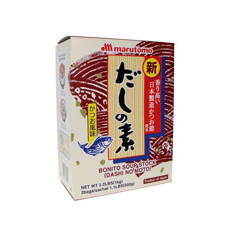 Marutomo Katsuo Dashi No Moto 1 kg i original japansk emballage – autentisk japansk premium dashi-pulver fremstillet med bonito, fyldig umami og høj kvalitet, perfekt til misosuppe, ramen, udon, saucer og autentisk japansk madlavning.