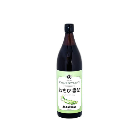 Wasabi sojasauce 900 ml i original japansk glasflaske – autentisk japansk premium sojasauce med ægte wasabi, fyldig umami og en frisk, let krydret smag.