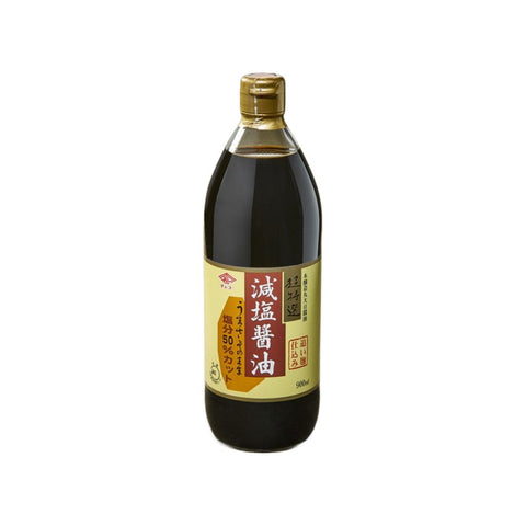 Reduceret salt japansk sojasauce 900 ml i original japansk glasflaske – autentisk premium sojasauce med naturlig fermentering, mindre salt, fyldig umami og en blød, afbalanceret smag.