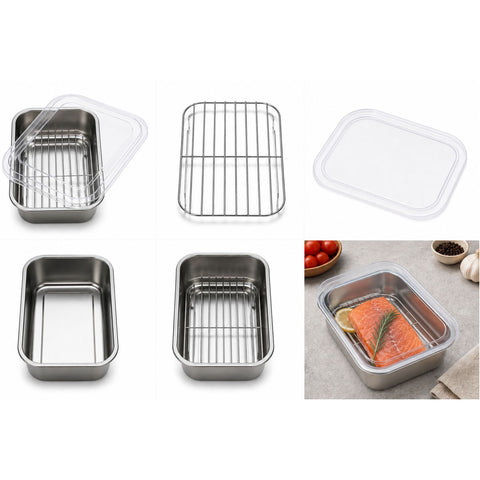 Opbevaringsboks med mål 185 × 123 × 66 mm i rustfrit stål fra Japan. Sættet indeholder en boks, rist og et låg.
