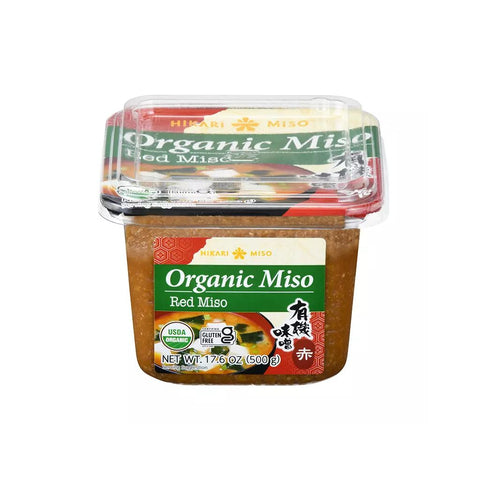 Økologisk Hikari rød miso 500 g i original japansk emballage – autentisk japansk rød miso med lang naturlig fermentering, fyldig umami, kraftig aroma og en dyb, kompleks smag. Perfekt til misosuppe, ramen, marinader, saucer og autentisk japansk madlavning.